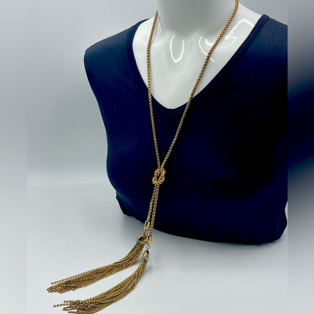 JV: Cable Chain Fringe Tassel Knot Necklace Gold Tone with Rhinestone Accents
